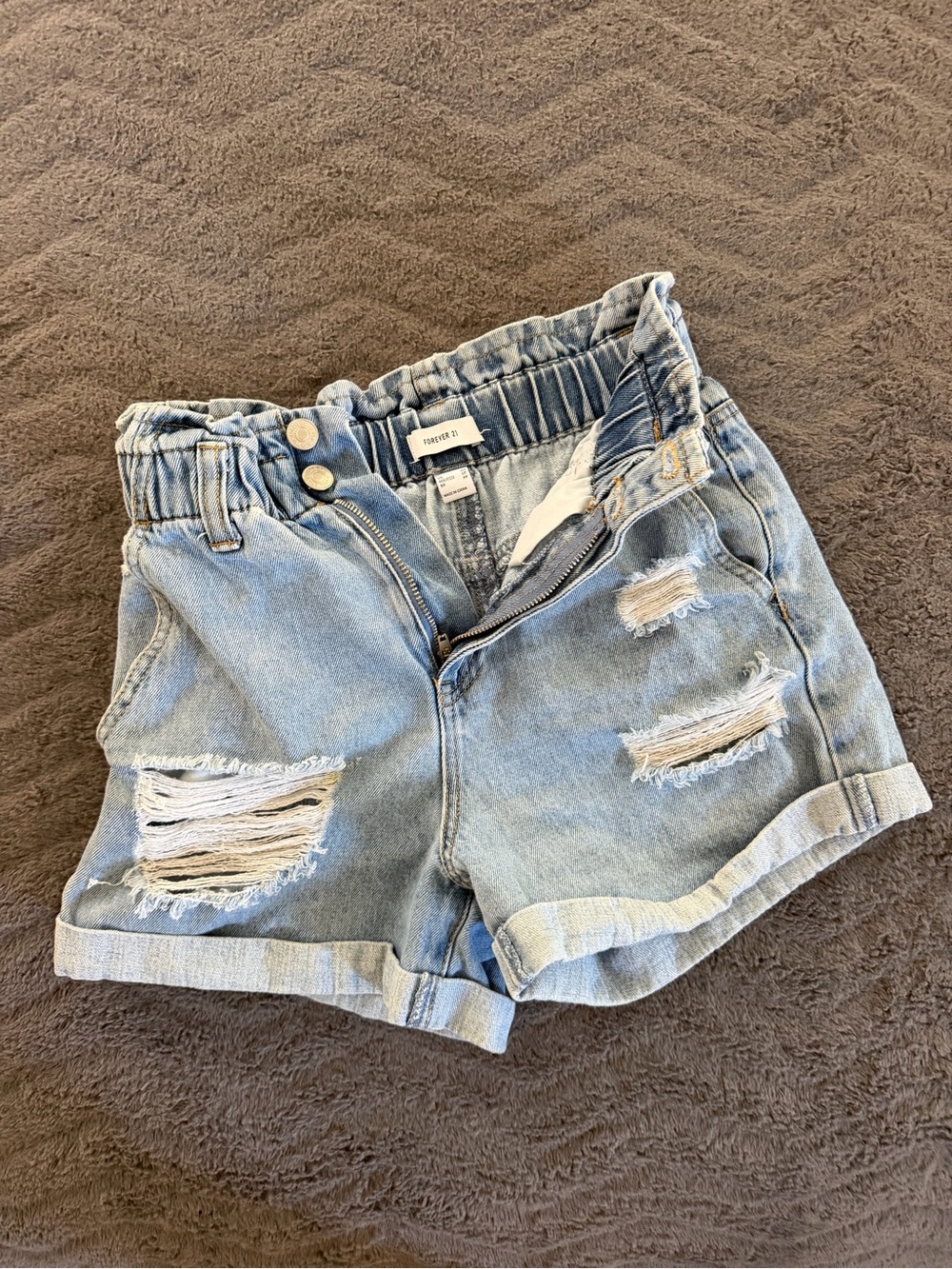 Forever 21 Light Blue Distressed Paperbag Denim Shorts